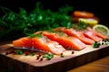 Fresh Salmon on Cutting Board With Herbs and Lemons