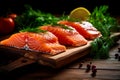 Fresh Salmon on Cutting Board With Herbs and Lemons