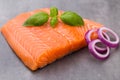 Fresh salmon fille with spice on the grey background. Royalty Free Stock Photo