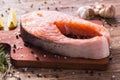 Fresh salmon fillet on a board, food close up. Diet, omega vitamins and seafood concept.