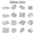 Fresh salmon fish icon set in thin line style