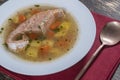 Fresh salmon fish soup with carrots and potatoes in a white plate, close up Royalty Free Stock Photo