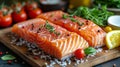 Fresh salmon and ingredients for marinade on slate plate, closeup