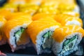 Fresh salmon philadelphia rolls. Smoked salmon rolls. Set of rolls on the board, table. One piece of roll. Food delivery, sushi. A