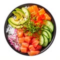 Fresh Salmon Poke Bowl with Avocado and Vegetables Isolated on White Background. Generative ai