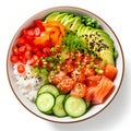 Fresh Salmon Poke Bowl with Avocado and Vegetables Isolated on White Background. Generative ai