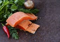 Fresh salmon (red fish) fillet with herbs, spices and vegetables Royalty Free Stock Photo