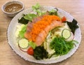 Fresh salmon salad. Seaweed. Sashimi. Japanese food. Royalty Free Stock Photo