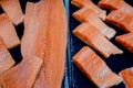 Fresh salmon. Salmon fillets for sale at a fish market displayed with a patchwork effect. Royalty Free Stock Photo