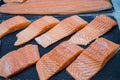 Fresh salmon. Salmon fillets for sale at a fish market displayed with a patchwork effect. Royalty Free Stock Photo