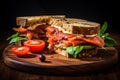 Fresh salmon sandwich on wooden platter, ideal for a nutritious fish breakfast concept Royalty Free Stock Photo