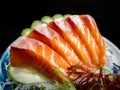 Fresh salmon sashimi, famous Japanese food. Five pieces of orange color raw fish Served with cucumber on ceramic plate. Royalty Free Stock Photo