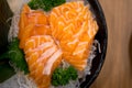 Fresh salmon sashimi served on ice on the wooden table Royalty Free Stock Photo