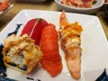 Fresh Salmon Sashimi Slide. Cooking And Serv On Silver Plate With Lemon. Japanese Food Traditional