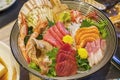 Fresh Salmon and seafood don, close up, seafood bowl Set of Fresh salmon rice with Wahhabi and sauce, Japans traditional food.