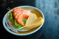 Fresh salmon slice and japanese omelette in heart shaped side dish by lettuce and radish. Royalty Free Stock Photo