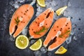 Fresh salmon steak with herbs and spices lemon rosemary on black plate background / Raw salmon fish fillet and ice for cooked Royalty Free Stock Photo