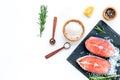 Fresh salmon steak with spices, rosemary, lemon for cooking healthy food on white background top view mock-up Royalty Free Stock Photo