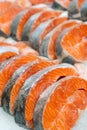 Fresh salmon steaks. Fresh fish at supermarket window Royalty Free Stock Photo