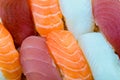 Fresh salmon sushi , salmon maki roll Japanese food restaurant, salmon sushi on plate. Royalty Free Stock Photo