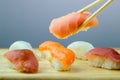 Fresh salmon sushi , salmon maki roll Japanese food restaurant, salmon sushi on plate. Royalty Free Stock Photo