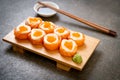 fresh salmon sushi roll with mayonnaise and shrimp egg Royalty Free Stock Photo