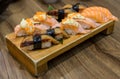 Fresh salmon sushi , salmon maki roll Japanese food restaurant,