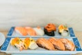 Fresh salmon sushi , salmon maki roll Japanese food restaurant, salmon sushi on plate. Royalty Free Stock Photo