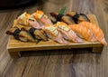 Fresh salmon sushi , salmon maki roll Japanese food restaurant, Royalty Free Stock Photo