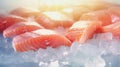 Fresh salmon or trout fish fillet on ice, ready for cooking. Storing fresh chilled fish. Close-up Royalty Free Stock Photo