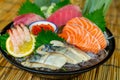 fresh salmon tuna and hamachi raw sashimi Royalty Free Stock Photo