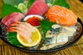 fresh salmon tuna and hamachi raw sashimi Royalty Free Stock Photo