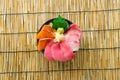 fresh salmon tuna and hamachi raw on topped rice -Japanese food style Royalty Free Stock Photo