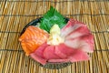 fresh salmon tuna and hamachi raw on topped rice -Japanese food style Royalty Free Stock Photo