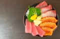 fresh salmon, tuna and hamachi on topped rice bowl (donburi Royalty Free Stock Photo