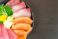 fresh salmon, tuna and hamachi on topped rice bowl (donburi Royalty Free Stock Photo