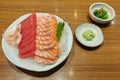 Fresh salmon, tuna, red snapper sashimi in Japanese restaurant Royalty Free Stock Photo