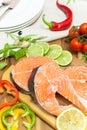 Fresh salmon, vegetables and herbs