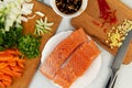 Fresh salmon with w ingredients for cooking - fresh vegetables and spices on white. Healthy low carbs products. Ketogenic diet Royalty Free Stock Photo