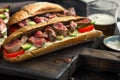 Fresh sandwich with beef grilled and beer on wooden board Royalty Free Stock Photo