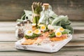 Fresh sandwich with ham, asparagus and quail eggs Royalty Free Stock Photo