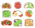 Fresh sandwiches. Tasty toasted bread, different ingredients, cartoon eggs, bacon and vegetables, breakfast snacks Royalty Free Stock Photo