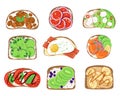 Fresh sandwiches. Tasty toasted bread, different ingredients, cartoon eggs, bacon and vegetables, breakfast snacks, healthy food, Royalty Free Stock Photo