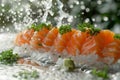 Fresh Sashimi Slices of Salmon with Green Herbs and Sparkling Water Splashing on Transparent Surface, Gourmet Japanese Cuisine Royalty Free Stock Photo