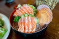 Fresh sasimi salmon Popular Japanese food on black isolated Royalty Free Stock Photo