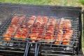 Fresh sausages grilling outdoors