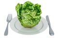 Fresh savoy cabbage on plate with fork and knife, 3D rendering