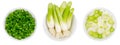 Fresh scallion bulbs and sliced scallions, in white bowls