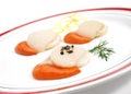 FRESH SCALLOPS pecten maximus WITH DILL IN A PLATE Royalty Free Stock Photo