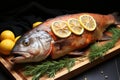 Fresh Sea Bass with Lemon Wedge and Green Herbs on a Practical Plate. A Captivating Delicacy